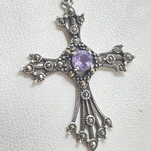 925 Sterling Silver Amethyst Marcasite Cross Box Chain Necklace Religious Gift
